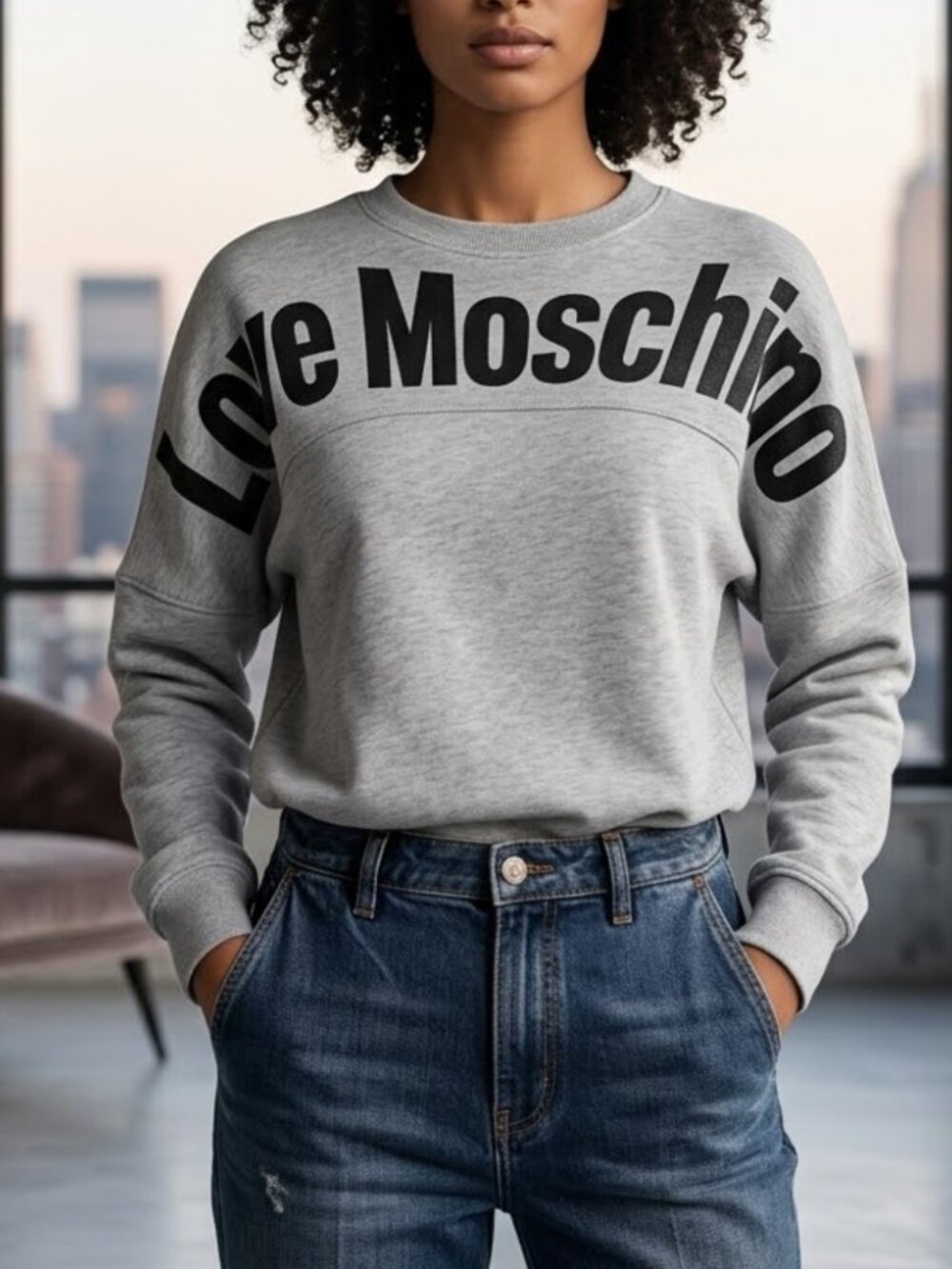 Love Moschino Gray Graphic Print Sweatshirt Athleisure Lounge Minimalist Size 10
